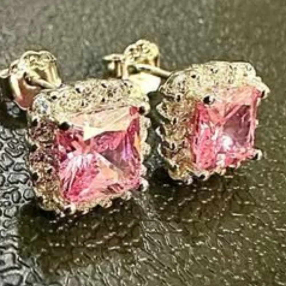 Pink Tourmaline Earrings Stud Sterling Silver 925, Cushion Cut Earrings, 9.9mm - Picture 7 of 10